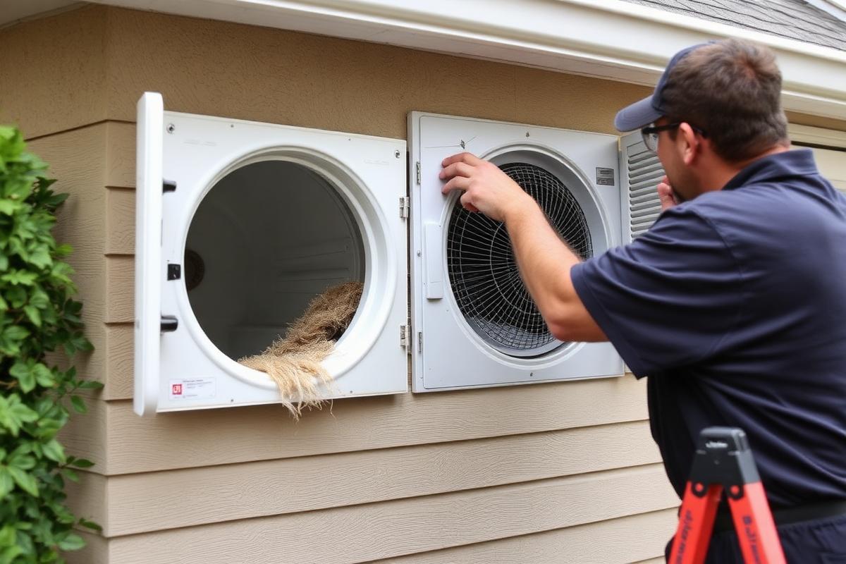 Ballantyne technician cleaning an exterior dryer vent to prevent lint fires